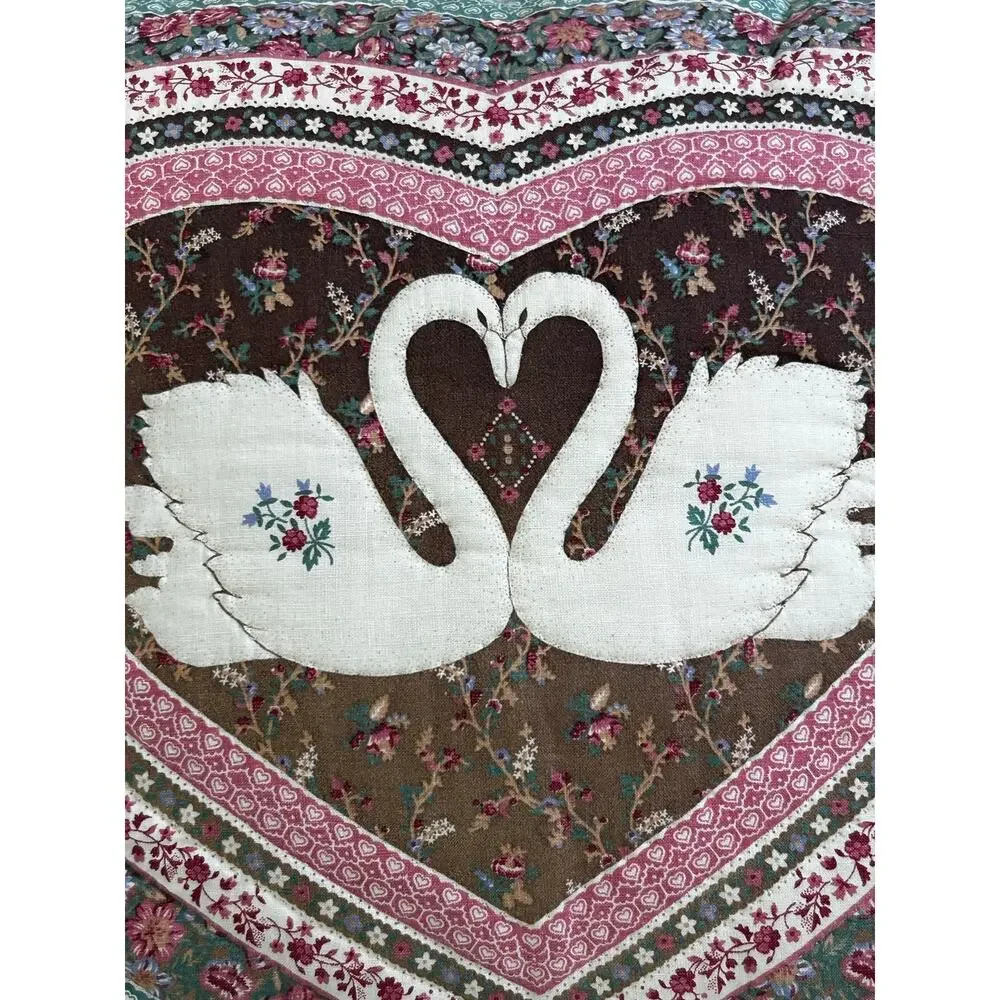 Vintage 80s Calico Floral Swan Heart Accent Pillow Cottagecore Country Shabby